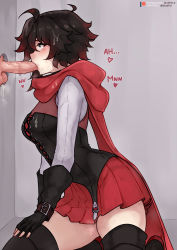 Rule 34 | 1boy, 1girl, black gloves, black hair, bluefield, boots, breasts, cape, erection, fellatio, fingerless gloves, from side, glory hole, gloves, grey eyes, hetero, highres, kneeling, medium breasts, oral, penis, red cape, red skirt, ruby rose, rwby, short hair, skirt, solo focus, testicles, thigh boots, uncensored