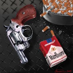 Rule 34 | 2005, ashtray, cigarette, cigarette butt, cigarette pack, commentary request, copyright name, diamond plate, english text, gun, handgun, lowres, marlboro, no humans, original, product placement, revolver, screw, signature, smith &amp; wesson, smith &amp; wesson model 36, snubnosed revolver, still life, terrier of tky, too many, weapon, weapon focus, yin yang