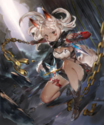 Rule 34 | 1girl, animal ears, boots, breasts, chain, character request, closed mouth, creature, dagger, floating hair, gran saga, highres, holding, holding dagger, holding knife, holding weapon, kneeling, knife, long hair, looking at viewer, on one knee, pouch, red eyes, scarf, shorts, sisiyong, small breasts, solo, thigh strap, weapon, white hair