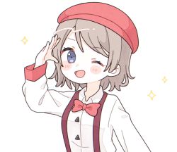 Rule 34 | 1girl, :d, ;d, beret, blue eyes, blush stickers, bow, bowtie, collared shirt, genki zenkai day! day! day!, hat, highres, long sleeves, love live!, love live! sunshine!!, one eye closed, open mouth, red bow, red bowtie, red hat, salute, shirt, simple background, smile, solo, sparkle, suspenders, upper body, watanabe you, white background, white shirt, yashino 84