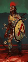 Rule 34 | 1boy, ancient greek clothes, armor, arrow (projectile), arrow in body, bare shoulders, beard, black eyes, black hair, blood, blood on face, bottomless, breastplate, colored sclera, facial hair, fang, fingernails, greco-roman clothes, highres, holding, holding shield, impaled, injury, long hair, male focus, moon, mossacannibalis, original, polearm, pool of blood, red moon, shield, solo, spartan, spear, toenails, weapon, wide-eyed, yellow sclera