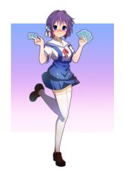 Rule 34 | 1girl, absurdres, blue eyes, blue skirt, blush, bob cut, brown footwear, card, chinese commentary, clannad, commentary request, embarrassed, fujibayashi ryou, full body, gradient background, hair between eyes, hair intakes, hands up, high-waist skirt, highres, hikarizaka private high school uniform, holding, holding card, loafers, looking at viewer, mogege gk, nose blush, parted lips, playing card, purple hair, red ribbon, ribbon, sailor collar, school uniform, serafuku, shirt, shoes, short hair, short sleeves, simple background, skirt, solo, standing, standing on one leg, summer uniform, suspender skirt, suspenders, thighhighs, two-tone background, w arms, white background, white sailor collar, white shirt, white thighhighs, zettai ryouiki