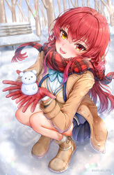 Rule 34 | 1girl, bench, blue skirt, blush, boots, breasts, brown footwear, coat, gloves, heterochromia, highres, hololive, houshou marine, houshou marine (school uniform), large breasts, long hair, looking at viewer, napozouattop, open mouth, red coat, red eyes, red gloves, red hair, red scarf, scarf, shirt, skirt, smile, snow, solo, teeth, tree, upper teeth only, virtual youtuber, white shirt, winter, yellow eyes