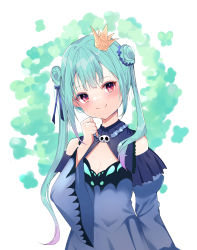 Rule 34 | 1girl, absurdres, animal print, bare shoulders, blue dress, blue sleeves, blush, brooch, butterfly print, closed mouth, crown, detached collar, detached sleeves, double bun, dreamoon, dress, frilled dress, frills, gradient hair, green hair, hair bun, hair ribbon, highres, hololive, jewelry, juliet sleeves, long hair, long sleeves, looking at viewer, mini crown, multicolored hair, pink hair, puffy sleeves, red eyes, ribbon, simple background, smile, solo, strapless, strapless dress, tilted headwear, twintails, uneven twintails, uruha rushia, uruha rushia (1st costume), virtual youtuber, wide sleeves