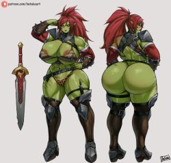 Rule 34 | 1girl, abs, animal print, areola slip, armor, ass, batako (batakoart), belt, bikini armor, black sclera, boots, borrowed character, bracer, breasts, colored sclera, colored skin, commission, curvy, female orc, flexing, full body, green skin, hair rings, highres, holster, huge ass, huge breasts, knife, leopard print, lips, long hair, looking back, multiple views, muscular, muscular female, orc, original, patreon logo, patreon username, pauldrons, pointy ears, ponytail, red hair, risa (raiosmanis), scar on hip, shoulder armor, signature, simple background, solo, sword, thick thighs, thigh boots, thigh holster, thighs, tusks, weapon, white background, yellow eyes