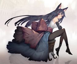 Rule 34 | 1girl, alternate costume, animal ears, bare shoulders, black footwear, black hair, black pantyhose, blue cape, boots, breasts, brick floor, building, cape, commentary request, detached sleeves, full body, highres, imaizumi kagerou, large breasts, long hair, looking at viewer, onion (onion and pi-natto), outdoors, pantyhose, red eyes, red sash, reflection, sash, shirt, sitting, solo, touhou, very long hair, waist cape, white shirt, wolf ears