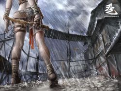 Rule 34 | 1girl, ankle wrap, anklet, bandages, barefoot, blood, dirty, dirty feet, feet, highres, jewelry, kal online, knife, legs, official art, official wallpaper, rain, reverse grip, short shorts, shorts, storm, toeless legwear, wallpaper