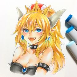 Rule 34 | 1girl, :d, art tools in frame, bare shoulders, black dress, blonde hair, blue eyes, bowsette, bracelet, breasts, cleavage, collar, crown, dress, earrings, fangs, hair between eyes, highres, horns, jewelry, large breasts, looking at viewer, mario (series), marker (medium), nintendo, open mouth, photo (medium), pointy ears, ponytail, shi-chan, smile, solo, spiked bracelet, spiked collar, spikes, strapless, strapless dress, super crown, traditional media