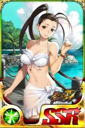 Rule 34 | 1girl, antenna hair, artist request, bikini, black hair, bracelet, breasts, brown eyes, cleavage, day, hair slicked back, ibuki (street fighter), jewelry, large breasts, long hair, lowres, navel, official art, pier, ponytail, sarong, see-through, smile, solo, street fighter, street fighter battle combination, swimsuit, white bikini
