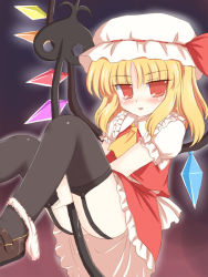 Rule 34 | 1girl, ass, black thighhighs, blonde hair, blouse, female focus, female masturbation, flandre scarlet, garter straps, gradient background, hat, laevatein, masturbation, mob cap, panties, panties around leg, pussy juice, red eyes, ry (yagoyago), shirt, skirt, solo, thighhighs, touhou, underwear, white shirt, wings