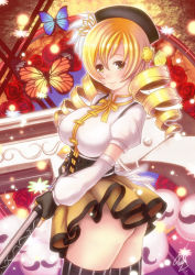 Rule 34 | 10s, 1girl, anthony (madoka magica), ass, bad id, bad pixiv id, beret, blonde hair, breasts, brown thighhighs, bug, butterfly, corset, detached sleeves, drill hair, female focus, fingerless gloves, flower, gloves, gun, hair ornament, hairpin, hat, holding, holding gun, holding weapon, huge weapon, insect, large breasts, light particles, magical girl, magical musket, mahou shoujo madoka magica, mahou shoujo madoka magica (anime), no panties, pleated skirt, puffy sleeves, ribbon, rifle, rose, shirt, signature, skirt, smile, solo, striped clothes, striped thighhighs, taut clothes, taut shirt, thighhighs, tomoe mami, twin drills, twintails, vasily (run211), vertical-striped clothes, vertical-striped thighhighs, weapon, yellow eyes, zettai ryouiki