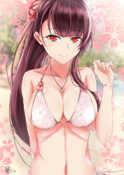 Rule 34 | 1girl, bikini, bikini top only, breasts, brown hair, cleavage, girls&#039; frontline, highres, jewelry, large breasts, long hair, looking at viewer, necklace, red eyes, ring, ring necklace, smile, solo, swimsuit, wa2000 (girls&#039; frontline), zhishi ge fangzhang