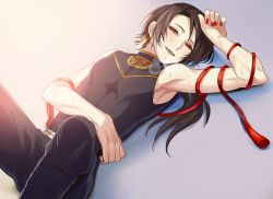Rule 34 | 10s, 1boy, alternate costume, androgynous, breath, brown hair, collared shirt, earrings, half-closed eyes, hiki yuichi, jewelry, kashuu kiyomitsu, long hair, looking at viewer, male focus, nail polish, open mouth, personification, ponytail, red eyes, red nails, shirt, sleeveless, sleeveless shirt, smile, solo, sweat, touken ranbu