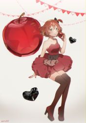 Rule 34 | 1girl, absurdres, apple, bad id, bad pixiv id, black bow, black thighhighs, bow, brown hair, collarbone, dress, food, freyja wion, fruit, full body, green eyes, hair between eyes, hair bow, hair ornament, heart, heart hair ornament, high heels, highres, holding, holding food, holding fruit, invisible chair, macross, macross delta, one side up, pote-mm, red apple, red dress, red footwear, short hair, sitting, sleeveless, sleeveless dress, smile, solo, strapless, strapless dress, thighhighs, twitter username, white background, zettai ryouiki