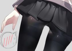 Rule 34 | 1girl, arm at side, ass, ass focus, black pantyhose, black skirt, close-up, commentary request, dutch angle, fate/grand order, fate (series), from behind, grey background, grey jacket, jacket, long sleeves, lower body, mash kyrielight, miniskirt, pantyhose, pleated skirt, shiny clothes, simple background, skirt, solo, speech bubble, spoken blush, sweatdrop, thighband pantyhose, thighs, tsukimoto aoi