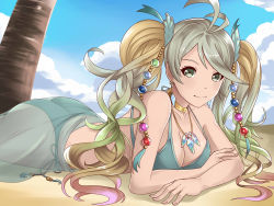 Rule 34 | 10s, 1girl, ass, bikini, breasts, cleavage, crystal, de la fille, gem, gradient hair, granblue fantasy, green eyes, hair ornament, highres, jewelry, long hair, looking at viewer, lying, medium breasts, multicolored hair, on stomach, sarong, smile, solo, swimsuit, twintails