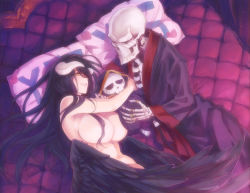 Rule 34 | ainz ooal gown, albedo (overlord), bed, black hair, black wings, breasts, clothed male nude female, covered erect nipples, demon girl, demon wings, highres, horns, large breasts, long hair, nude, overlord (maruyama), skeleton, smile, user xgpy8228, wings, yellow eyes