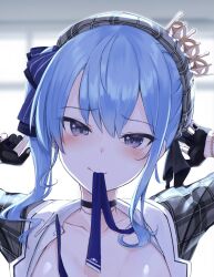 Rule 34 | 1girl, black choker, black gloves, black nails, blue eyes, blue necktie, blurry, blurry background, blush, bow, choker, collarbone, crown, e-wing (ewingillustrate), gloves, hair between eyes, hair bow, hat, hololive, hoshimachi suisei, hoshimachi suisei (1st costume), mini crown, mouth hold, nail polish, necktie, necktie in mouth, open clothes, open shirt, partially fingerless gloves, shirt, solo, virtual youtuber