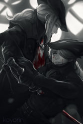 Rule 34 | 1girl, ascot, blood, bloodborne, dual persona, gloves, greyscale, hat, injury, koyorin, lady maria of the astral clocktower, looking at another, monochrome, parted lips, ponytail, rakuyo (bloodborne), spot color, sword, the old hunters, weapon