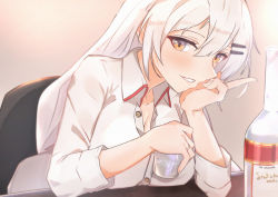 Rule 34 | 1girl, absurdres, alcohol, blush, breasts, chair, cleavage, collarbone, cup, girls&#039; frontline, hand on head, highres, holding, holding cup, ice, jewelry, long hair, looking at viewer, muteppona hito, ring, shirt, silver hair, sitting, smile, solo, stolichnaya (vodka), svd (girls&#039; frontline), table, vodka, white shirt, yellow eyes