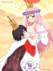 Rule 34 | 10s, 1boy, 1girl, bare shoulders, black hair, blue eyes, blush, breasts, cape, capelet, collarbone, commentary request, couple, crown, darling in the franxx, dress, flower, green eyes, hair flower, hair ornament, hetero, hiro (darling in the franxx), holding hands, long hair, looking at another, medium breasts, niwatori kokezou, pink hair, short hair, signature, translation request, veil, white capelet, white dress, zero two (darling in the franxx)