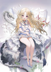 Rule 34 | 1girl, :d, absurdres, bare legs, blonde hair, blush, breasts, dress, fang, full body, grey background, hair ornament, highres, long hair, looking at viewer, mada (shizhou), open mouth, original, red eyes, shoes, short sleeves, sitting, slit pupils, small breasts, smile, snake, solo, swept bangs, white dress
