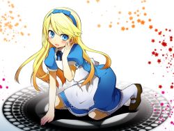 Rule 34 | 1boy, alice (alice in wonderland), alice in wonderland, apron, atlus, blonde hair, blue dress, blush, bow, brown footwear, crossdressing, dress, full body, hair bow, kamiyoshi rika, kuma (persona 4), long hair, male focus, mary janes, open mouth, persona, persona 4, ribbon, shoes, smile, solo, trap