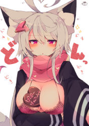 Rule 34 | 1girl, :o, ahoge, animal ear fluff, animal ears, arm under breasts, bad id, bad pixiv id, between breasts, black jacket, blazer, blush, bra, breasts, candy, chocolate, chocolate heart, cleavage, commentary request, food, food between breasts, grey hair, hair between eyes, hair ornament, hairclip, heart, heart ahoge, highres, jacket, lace, lace-trimmed bra, lace trim, large breasts, long hair, long sleeves, looking at viewer, muuran, open clothes, open jacket, original, parted lips, partially translated, pink eyes, pink scarf, reaching, reaching towards viewer, scarf, selfie, signature, simple background, sparkle, tail, translation request, underwear, valentine, very long hair, white background