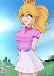 Rule 34 | 1girl, arms behind back, artist name, belt, belt buckle, blonde hair, blue belt, blue eyes, breasts, buckle, buttons, closed mouth, cowboy shot, crown, earrings, eyelashes, glint, golf club, golf course, hair between eyes, high-waist skirt, highres, hill, holding, holding golf club, jewelry, lips, looking at viewer, mario (series), mario golf, mario golf: super rush, medium breasts, medium hair, nintendo, outdoors, pink lips, polo shirt, ponytail, princess peach, purple shirt, shirt, shirt tucked in, short sleeves, skirt, sky, smile, solo, standing, thick eyebrows, tulipsie, white skirt