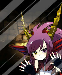 Rule 34 | 1girl, against glass, armor, bare shoulders, black gloves, dragon girl, dragon horns, elbow gloves, fingerless gloves, fins, fourth wall, frown, glass, gloves, head fins, heterochromia, horns, long hair, looking at viewer, fake phone screenshot, phone wallpaper, pikomarie, purple eyes, purple hair, puzzle &amp; dragons, reflection, sleeveless, solo, sonia (p&amp;d), stone, stone wall, wall, wallpaper, yellow eyes