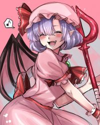 Rule 34 | 1girl, :d, bat wings, brooch, contrapposto, cowboy shot, dress, eyebrows hidden by hair, closed eyes, fang, happy, hat, highres, jewelry, kashiwara mana, mob cap, musical note, open mouth, pink background, pink dress, pointy ears, purple hair, remilia scarlet, simple background, smile, solo, spear the gungnir, spoken musical note, touhou, wings