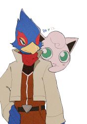 Rule 34 | 1boy, bad id, bad pixiv id, bandana, beak, belt, bird boy, blue eyes, blue fur, blush, body fur, brown jumpsuit, closed mouth, cowboy shot, creatures (company), cropped jacket, crossover, falco lombardi, furry, furry male, game freak, gen 1 pokemon, green eyes, half-closed eyes, hand on own hip, high collar, highres, jacket, jaggy lines, jigglypuff, jumpsuit, light blush, long sleeves, looking at another, nintendo, open clothes, open jacket, peeking out, pokemon, pokemon (creature), red fur, standing, star fox, super smash bros., two-tone fur, udon (udon xxx), white jacket