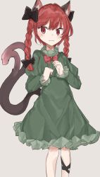 Rule 34 | 1girl, :3, absurdres, animal ear fluff, animal ears, black bow, black ribbon, blush, bow, bowtie, braid, cat ears, cat tail, closed mouth, dress, extra ears, feet out of frame, forked tail, frills, green dress, grey background, hair bow, hair ribbon, highres, juliet sleeves, kaenbyou rin, leg ribbon, light smile, long sleeves, looking at viewer, nekomata, petticoat, puffy sleeves, red bow, red bowtie, red eyes, red hair, ribbon, simple background, solo, standing, subaritsuku, tail, touhou, tress ribbon, twin braids, twintails