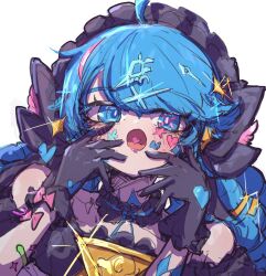Rule 34 | 1girl, absurdres, ahoge, bare shoulders, black bow, black gloves, blue eyes, blue hair, blush, bow, collarbone, commentary request, gloves, gwen (league of legends), hair bow, hair ornament, hairclip, hands up, heart, heart in mouth, highres, league of legends, long hair, monakan japan, multicolored hair, needle, pink hair, portrait, sewing needle, simple background, solo, sticker on face, two-tone hair, white background