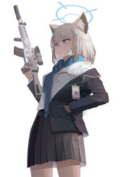 Rule 34 | 1girl, absurdres, animal ears, arm up, assault rifle, blue archive, blue eyes, blue scarf, breasts, cat ears, collar, eyes visible through hair, grey collar, grey jacket, grey skirt, grey sleeves, gun, hair between eyes, hand in pocket, hand up, highres, jacket, unworn jacket, long sleeves, medium breasts, open clothes, open mouth, rifle, scarf, shiroko (blue archive), shirt, sig sauer 556, silver hair, simple background, skirt, solo, standing, suppressor, ttoowa, weapon, white background, white shirt