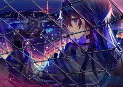 Rule 34 | 1girl, black gloves, blue hair, choker, city, city lights, cityscape, commentary request, earrings, fence, from behind, gloves, grey jacket, hair between eyes, hand up, jacket, jewelry, kamitsubaki studio, koko (kamitsubaki studio), long hair, long sleeves, looking at viewer, looking back, mebaru, neon lights, official art, parted lips, purple eyes, ring, rooftop, sideways glance, skyline, solo, tokyo tower, upper body, virtual youtuber, wire