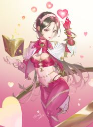 Rule 34 | 1girl, amebi, arm up, bad id, bad pixiv id, black hair, book, boots, breasts, choker, cleavage, cleavage cutout, clothing cutout, commission, crop top, fingerless gloves, gloves, grimoire, hairband, heart, highleg, highres, leg up, long hair, looking at viewer, low ponytail, medium breasts, midriff, mole, mole under eye, navel, open fly, original, pants, pink choker, pink pants, pink shirt, red eyes, shirt, single glove, solo, stomach, very long hair