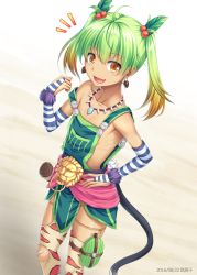 Rule 34 | ahoge, blush, earrings, falcom, fang, food-themed hair ornament, green hair, hair ornament, jewelry, long hair, multicolored hair, necklace, open mouth, overalls, ricotta (ys), simple background, tail, thighhighs, tooth necklace, torn clothes, twintails, ys, ys viii lacrimosa of dana