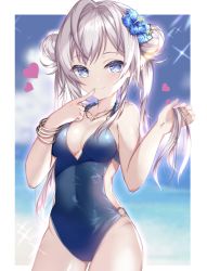 Rule 34 | 1girl, absurdres, beach, blue eyes, blue flower, blue one-piece swimsuit, blurry, blurry background, breasts, casual one-piece swimsuit, cleavage, closed mouth, collarbone, covered navel, cowboy shot, double bun, finger to mouth, flower, fuchi (0616tk), hair bun, hair flower, hair ornament, heart, hibiscus, highres, holding, holding own hair, index finger raised, jewelry, long hair, looking at viewer, magia record: mahou shoujo madoka magica gaiden, mahou shoujo madoka magica, medium breasts, necklace, o-ring, o-ring swimsuit, ocean, one-piece swimsuit, silver hair, smile, solo, sparkle, standing, swimsuit, very long hair, white background, yakumo mitama, yakumo mitama (swimsuit costume)