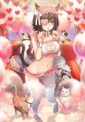 Rule 34 | 1girl, animal, animal ear fluff, animal ears, balloon, black hair, breasts, cat, cat cutout, cat ears, cat tail, cleavage, cleavage cutout, clothing cutout, commentary, couch, eyepatch, frilled pillow, frills, green eyes, hairband, hands up, heart, heart eyepatch, heart-shaped pillow, highres, kichannico, lolita hairband, looking at viewer, medium breasts, midriff, navel, open mouth, original, paw pose, pillow, slit pupils, solo, sparkle, stomach, tail, thighhighs, white thighhighs, wrist cuffs