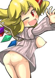 Rule 34 | 1girl, blonde hair, blush, bottomless, breasts, breasts out, fang, flandre scarlet, gaoo (frpjx283), highres, looking back, meme attire, nipples, no panties, one eye closed, open-chest sweater, open mouth, outstretched hand, red eyes, ribbed sweater, solo, sweater, touhou, wings