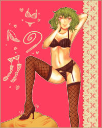 Rule 34 | 1girl, arm up, armpits, ass, bad id, bad pixiv id, bra, culotte (hosenrock), female focus, fishnet thighhighs, fishnets, garter belt, green hair, high heels, kazami yuuka, legs, lingerie, naughty face, panties, red background, red eyes, shoes, short hair, smile, solo, stepped on, thighhighs, touhou, underwear, underwear only, whip