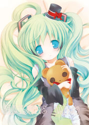 Rule 34 | 1girl, aqua hair, blue eyes, catbell, character name, detached sleeves, frills, hat, hatsune miku, long hair, looking at viewer, mini hat, mini top hat, necktie, solo, stuffed animal, stuffed toy, teddy bear, top hat, twintails, vocaloid