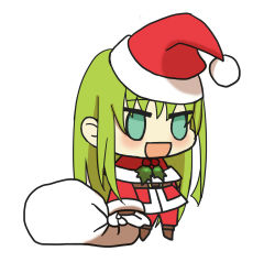 Rule 34 | 1other, :d, alternate costume, blush, brown footwear, chibi, christmas, enkidu (fate), fate/grand order, fate (series), fur-trimmed jacket, fur trim, gift bag, green eyes, green hair, hat, highres, holding, holding sack, jacket, kkeiixxx, long hair, long sleeves, meme, no pupils, open mouth, padoru (meme), pants, red hat, red jacket, red pants, sack, santa costume, santa hat, simple background, smile, solo, white background