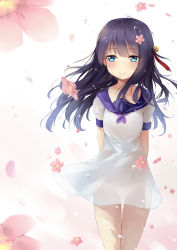 Rule 34 | 1girl, absurdres, arms behind back, bell, blue eyes, blush, closed mouth, cowboy shot, dress, flower, hair bell, hair flower, hair ornament, hair ribbon, half updo, highres, jingle bell, legs together, light smile, long hair, looking at viewer, original, pink flower, purple hair, red ribbon, ribbon, sailor dress, see-through, short sleeves, sidelocks, smile, solo, standing, taira (pixiv9613131), thighs