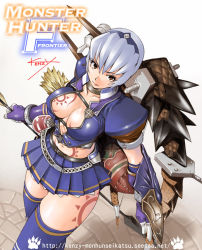 Rule 34 | 1girl, armor, arrow (projectile), azure (armor), belt, belt bra, blue thighhighs, bow (weapon), breasts, brown eyes, capcom, choker, cleavage, crop top, dutch angle, elbow gloves, fantasy, from above, gloves, hairband, kenzy, large breasts, lipstick, looking at viewer, makeup, midriff, miniskirt, monster hunter, monster hunter (series), monster hunter frontier, navel, no bra, open clothes, open shirt, paw print, pleated skirt, quiver, shadow, shield, shirt, short hair, signature, skirt, smile, solo, standing, strap, tattoo, thick thighs, thighhighs, thighs, weapon, white hair, zettai ryouiki