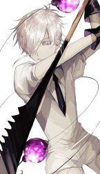 Rule 34 | 1other, androgynous, antarcticite, crystal, gem, gem uniform (houseki no kuni), gloves, hair over one eye, highres, houseki no kuni, looking at viewer, necktie, short hair, solo, sword, weapon, white background, white eyes, white hair