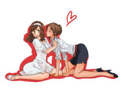 Rule 34 | 2girls, all fours, angry, annoyed, arm support, axis powers hetalia, bad id, bad pixiv id, belt, blush, bow, bowtie, brown hair, closed eyes, couple, crawling, dress, frills, frown, gender request, genderswap, green eyes, hair bun, hairband, heart, high heels, kiss, lipstick, long dress, long hair, looking away, makeup, mary janes, miniskirt, multiple girls, no socks, open mouth, outline, parted bangs, pushing, ribbon, shadow, shirt, shoes, short hair, short sleeves, single hair bun, sitting, skirt, southern italy (hetalia), spain (hetalia), striped clothes, striped shirt, swept bangs, wariza, wavy hair, white background, white dress, yuri