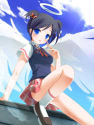 Rule 34 | 1girl, blue eyes, blush, breasts, censored, convenient censoring, day, from below, halo, masaki (machisora), medium breasts, paper man, short hair, skirt, sky, solo, wings