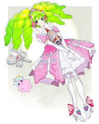 Rule 34 | 1girl, boots, border, closed mouth, colored eyelashes, commentary request, dress, elbow gloves, expressionless, falulu, falulu&#039;s non, full body, gloves, green hair, grey eyes, headphones, high heel boots, high heels, highres, idol clothes, long hair, looking at viewer, lying, melting, moudoku (decopon3rd), on back, own hands together, pink dress, pretty series, pripara, sidelocks, solo, thigh boots, tiara, twintails, unicorn (pripara), v arms, white border, white footwear, white gloves, winding key